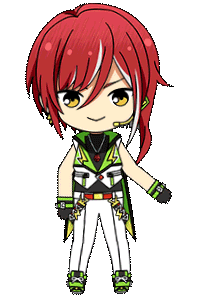 A chibi of Natsume Sakasaki from Enstars! He is smiling with his mouth closed, and promptly does a twirl before winking at you.